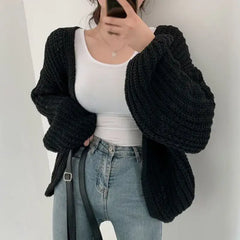 Oversized Knitted Long Sleeve Sweater - One Size / Black