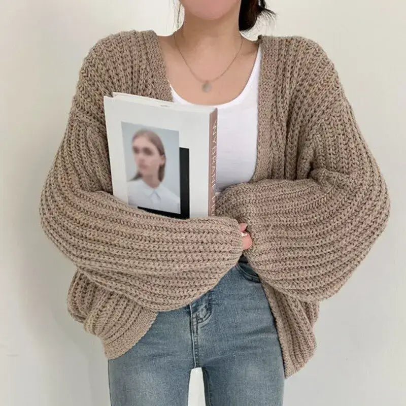 Oversized Knitted Long Sleeve Sweater - One Size / Khaki