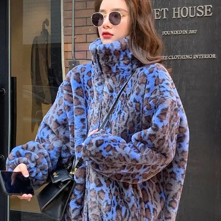Oversized Leopard Print Faux Fur Jacket - Blue / S