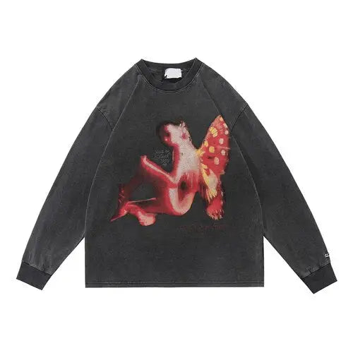 Oversized Long Sleeve Angel Graphic Sweatshirt Black / M