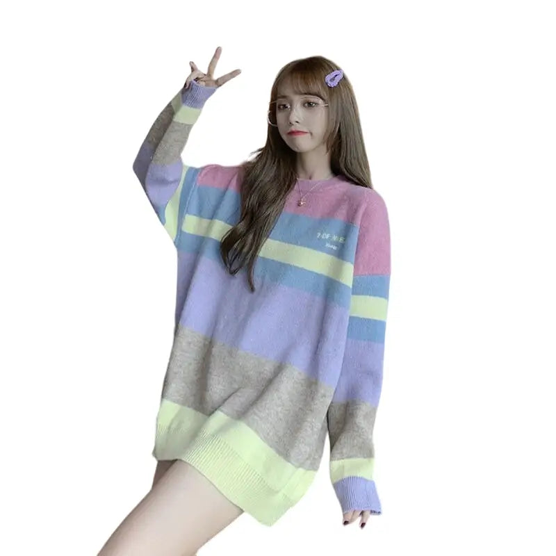 Oversized Multicolor Pullover Bear Sweater for Women