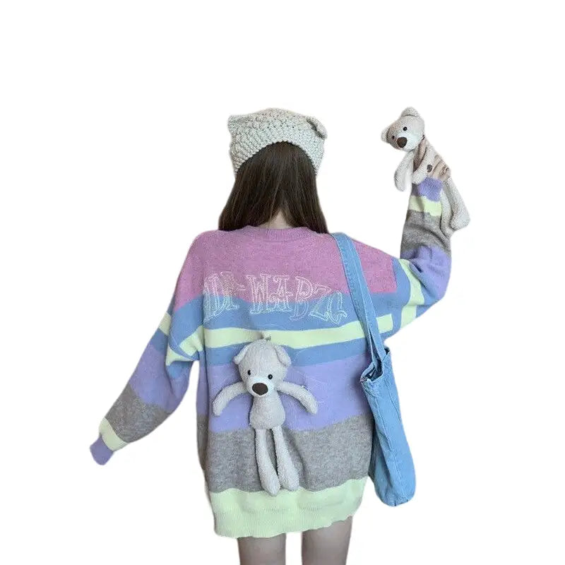 Oversized Multicolor Pullover Bear Sweater for Women Blue
