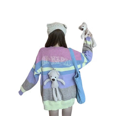 Oversized Multicolor Pullover Bear Sweater for Women Blue