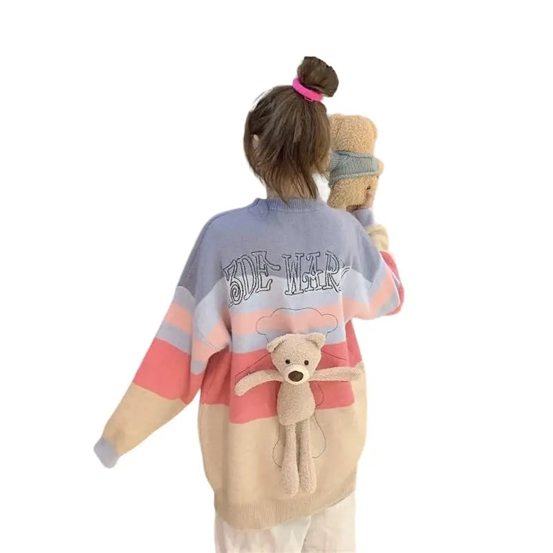 Oversized Multicolor Pullover Bear Sweater for Women Kakhi