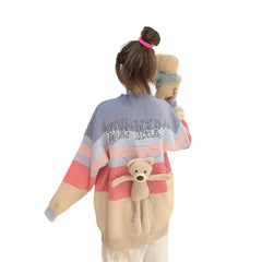 Oversized Multicolor Pullover Bear Sweater for Women Kakhi