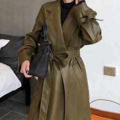Oversized PU Leather Trench Coat for Women Green / One Size