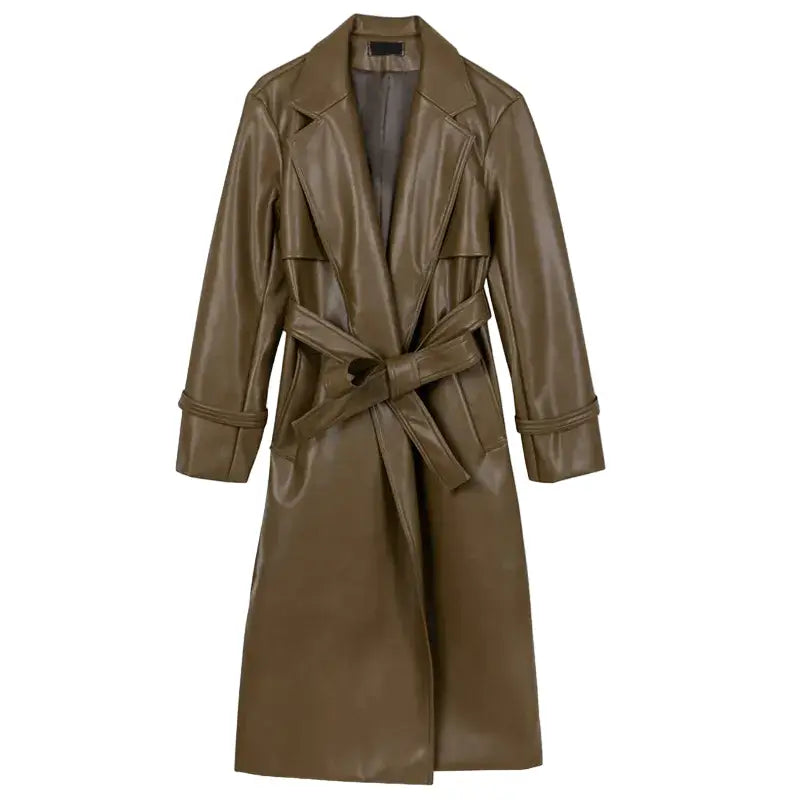 Oversized PU Leather Trench Coat for Women Green / One Size