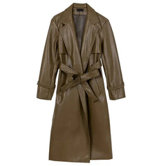 Oversized PU Leather Trench Coat - Green / One Size
