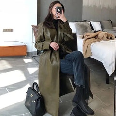 Oversized PU Leather Trench Coat - Green / One Size