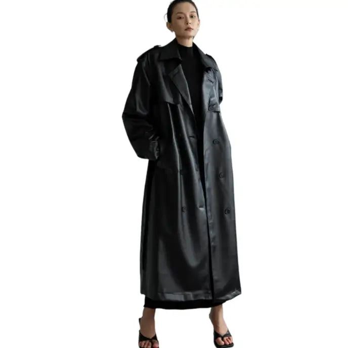 Oversized PU Leather Trench Coat with Adjustable Waist