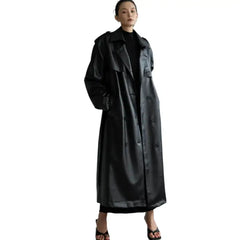 Oversized PU Leather Trench Coat with Adjustable Waist