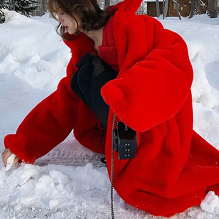 Oversized Red Soft Fluffy Faux Fur Coat