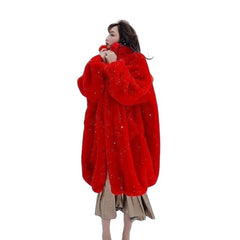 Abrigo de piel sintética suave y esponjoso rojo de gran tamaño