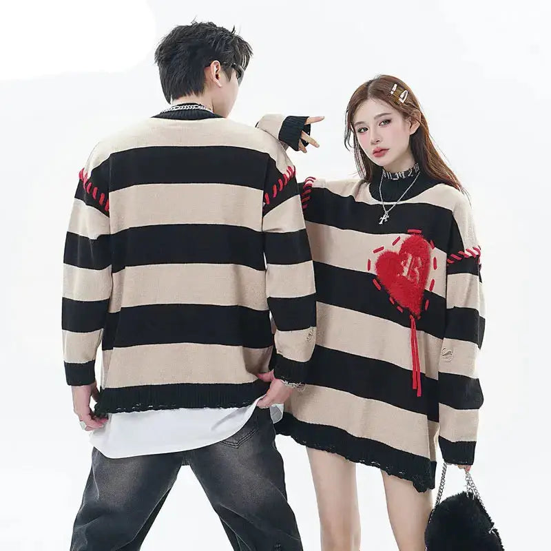 Oversized Ripped Knitted Heart Striped Holes Sweatshirt