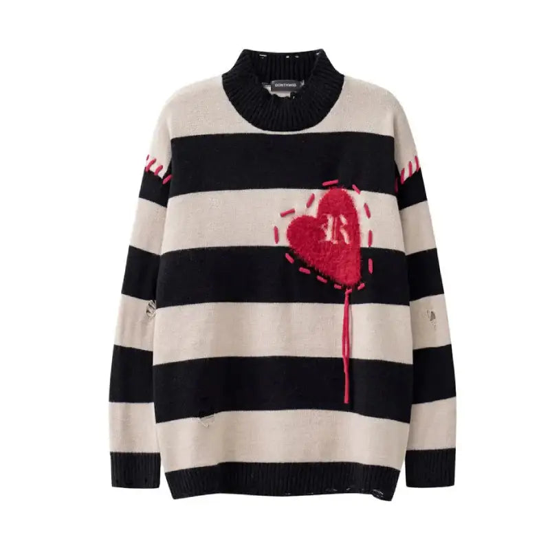 Oversized Ripped Knitted Heart Striped Holes Sweatshirt