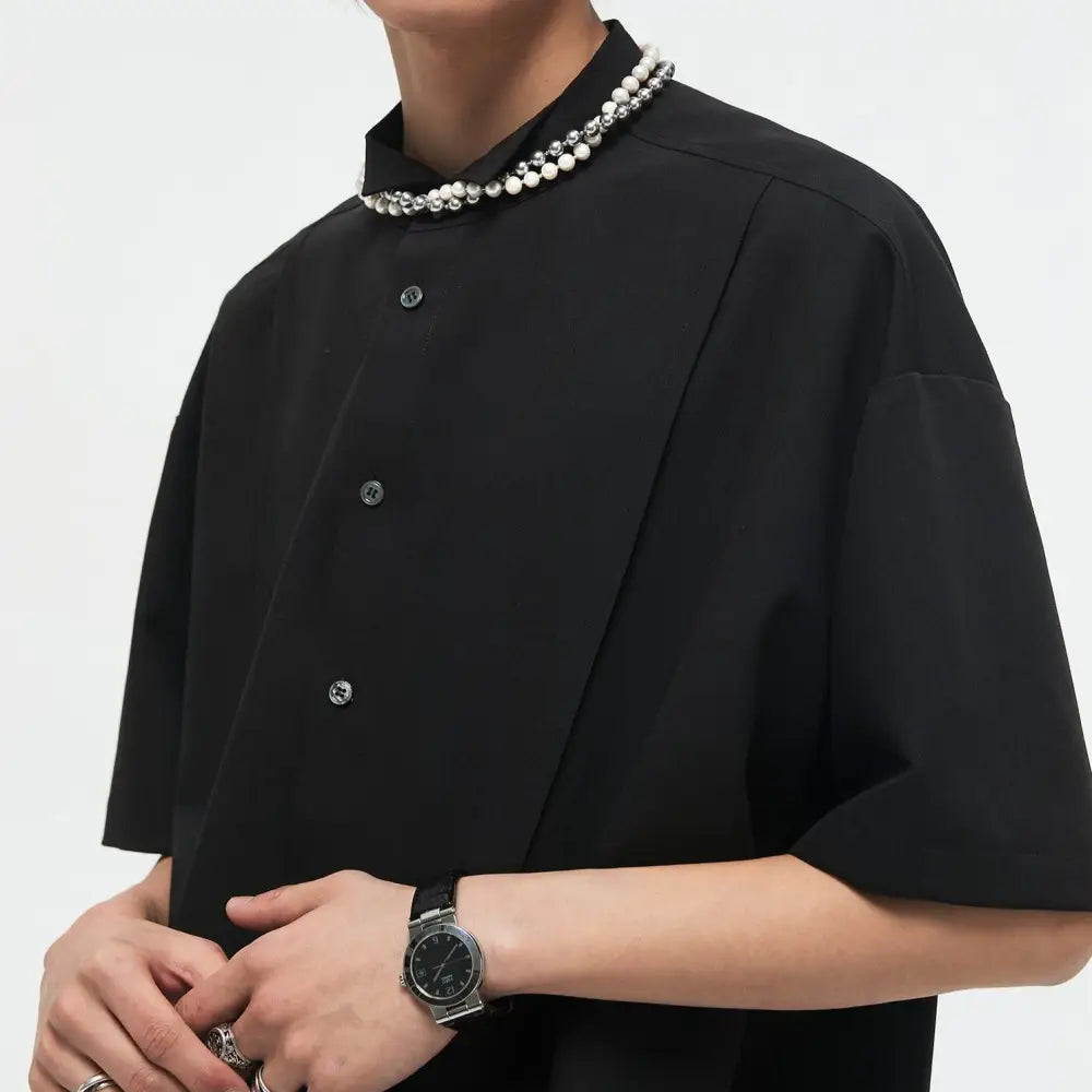 Oversized Short Sleeve Pleated Shirt with Dress Collar