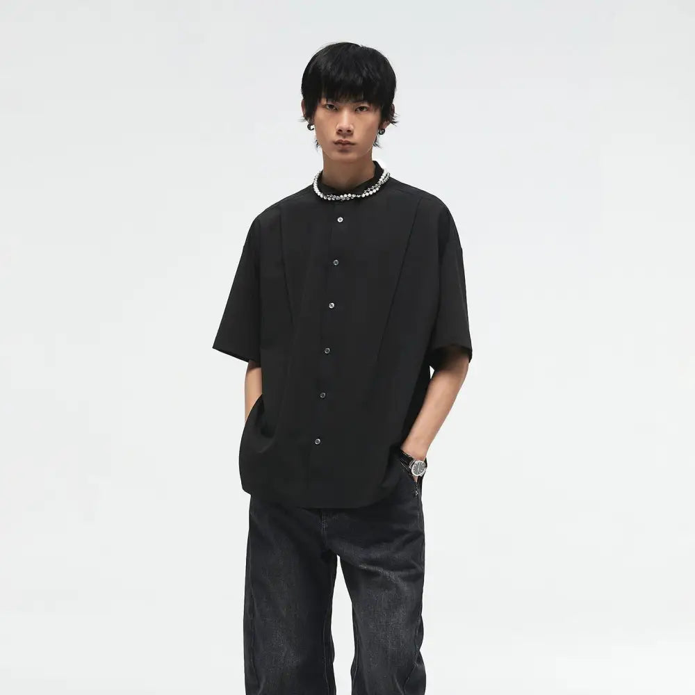 Oversized Short Sleeve Pleated Shirt with Dress Collar