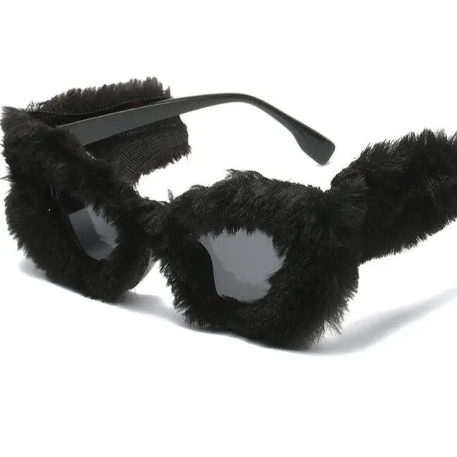Oversized Soft Fur Eye Sunglasses Plush Fashion - Black