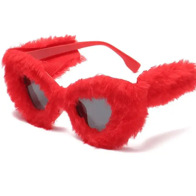Oversized Soft Fur Eye Sunglasses Plush Fashion - Red