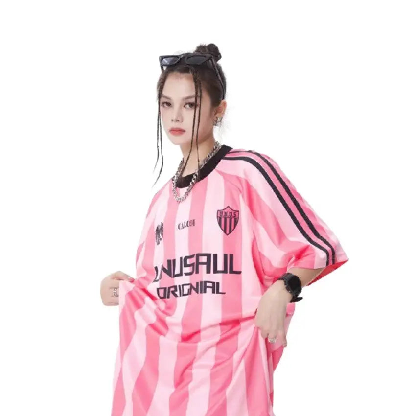 Oversized Striped Round Neck T Shirt with Drop Sleeves