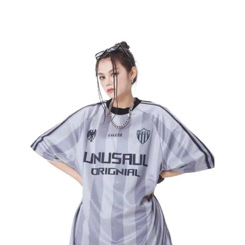 Oversized Striped Round Neck T Shirt with Drop Sleeves