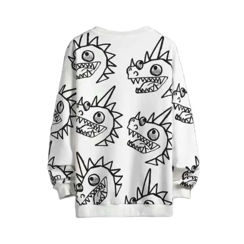 Oversized Sweatshirt with Cartoon Dinosaur Pattern Print