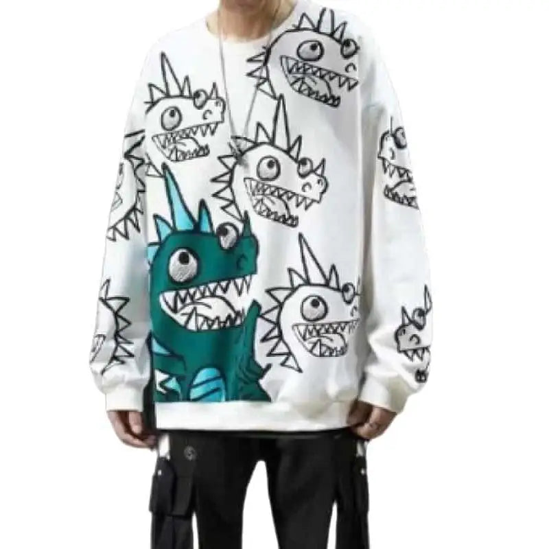 Oversized Sweatshirt with Cartoon Dinosaur Pattern Print