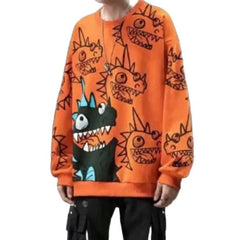 Oversized Sweatshirt with Cartoon Dinosaur Pattern Print