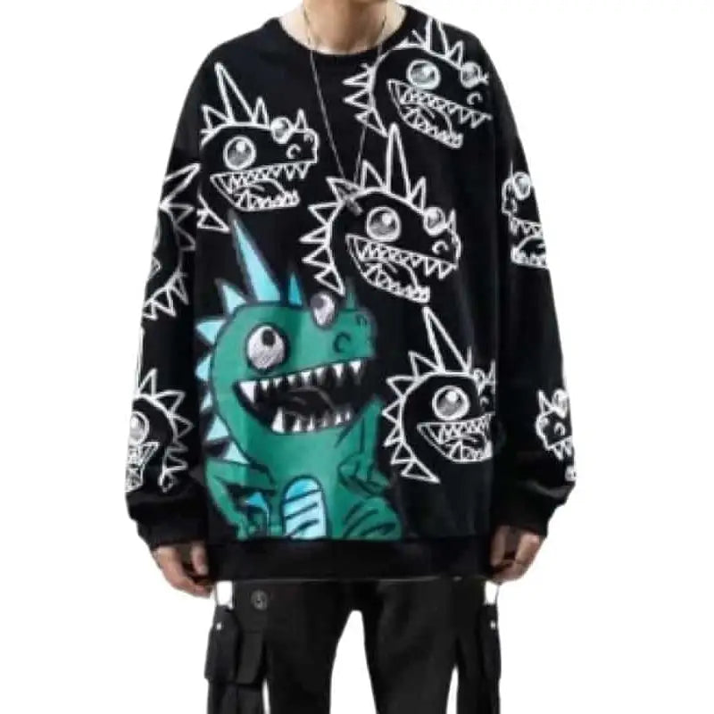 Oversized Sweatshirt with Cartoon Dinosaur Pattern Print
