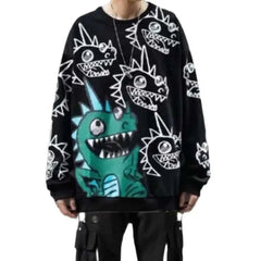 Oversized Sweatshirt with Cartoon Dinosaur Pattern Print
