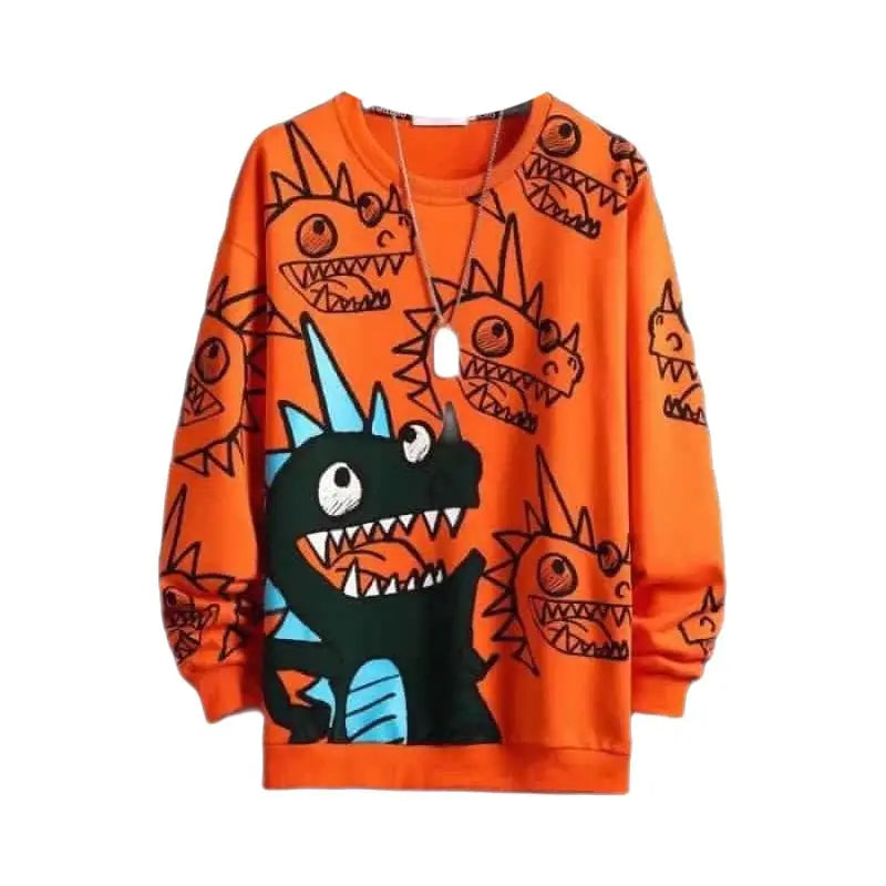 Oversized Sweatshirt with Cartoon Dinosaur Pattern Print