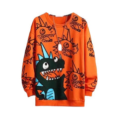 Oversized Sweatshirt with Cartoon Dinosaur Pattern Print