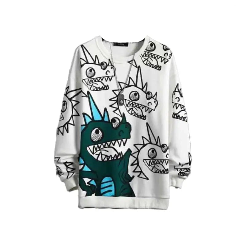 Oversized Sweatshirt with Cartoon Dinosaur Pattern Print