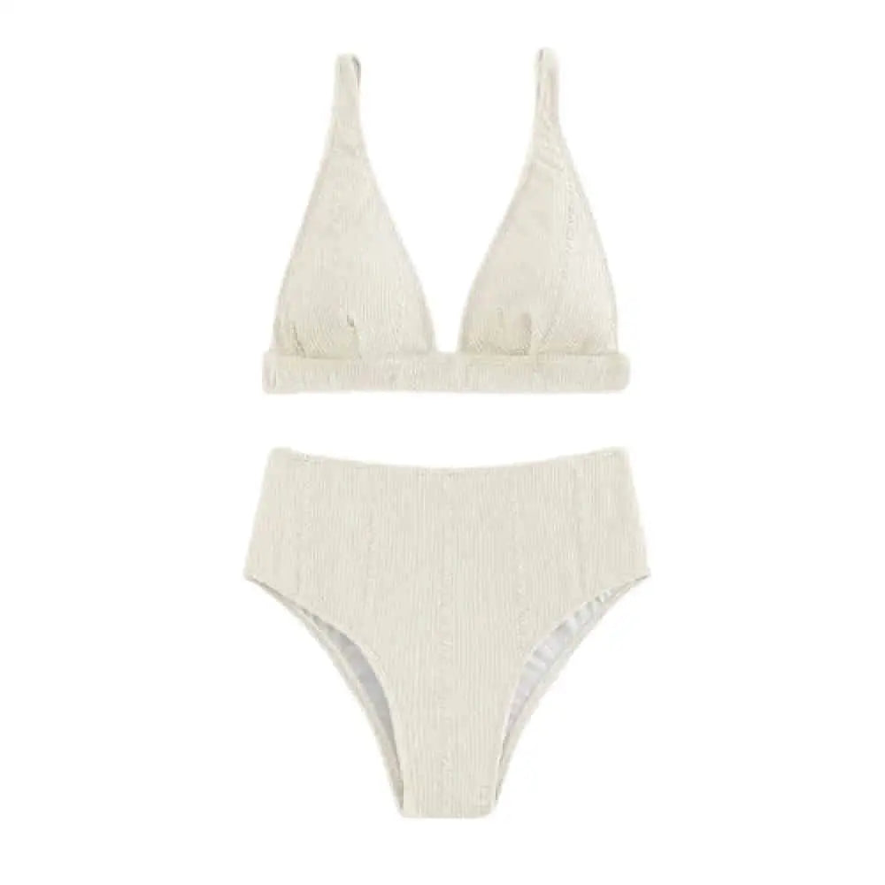 Padded Plain High Waist Swimsuit - Beige / S