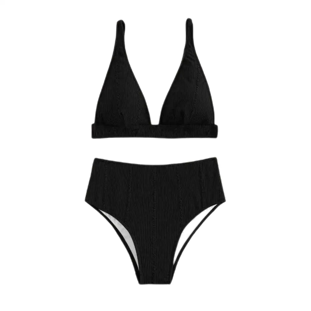 Padded Plain High Waist Swimsuit - Black / S