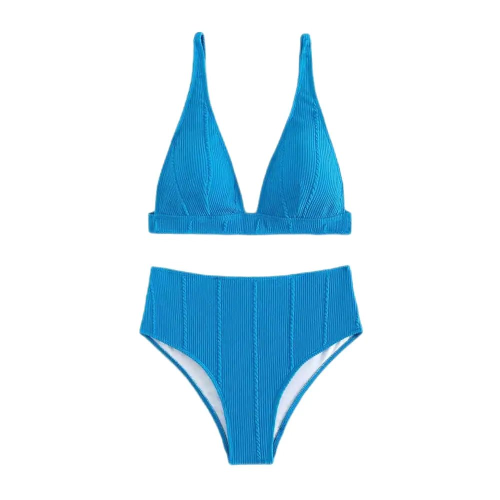 Padded Plain High Waist Swimsuit - Blue / S