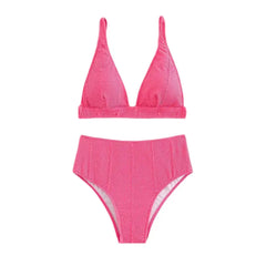 Padded Plain High Waist Swimsuit for Women Hot Pink / S