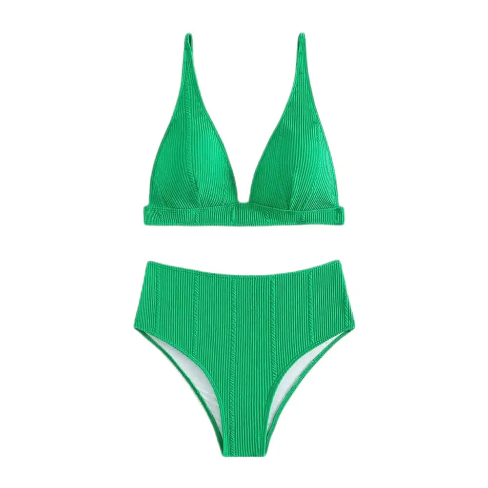 Padded Plain High Waist Swimsuit - Green / S