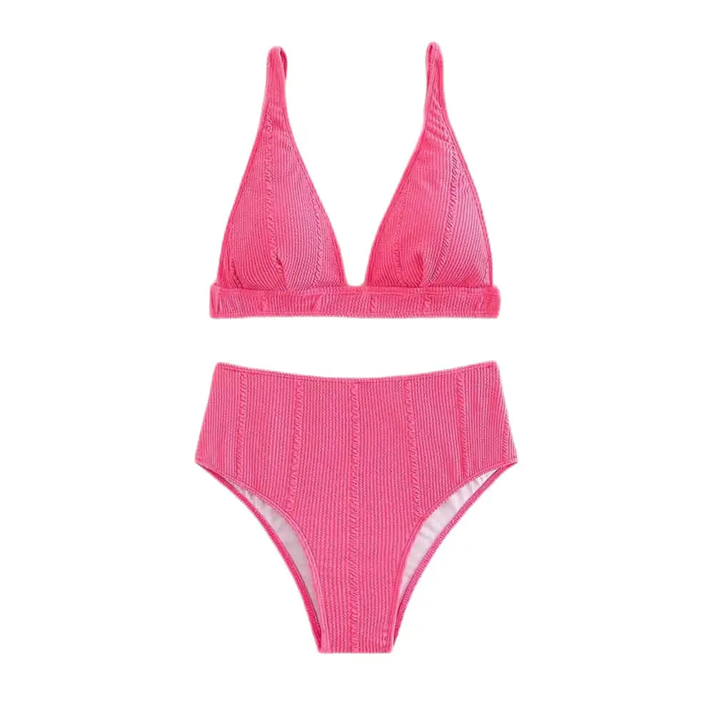 Padded Plain High Waist Swimsuit - Hot Pink / S