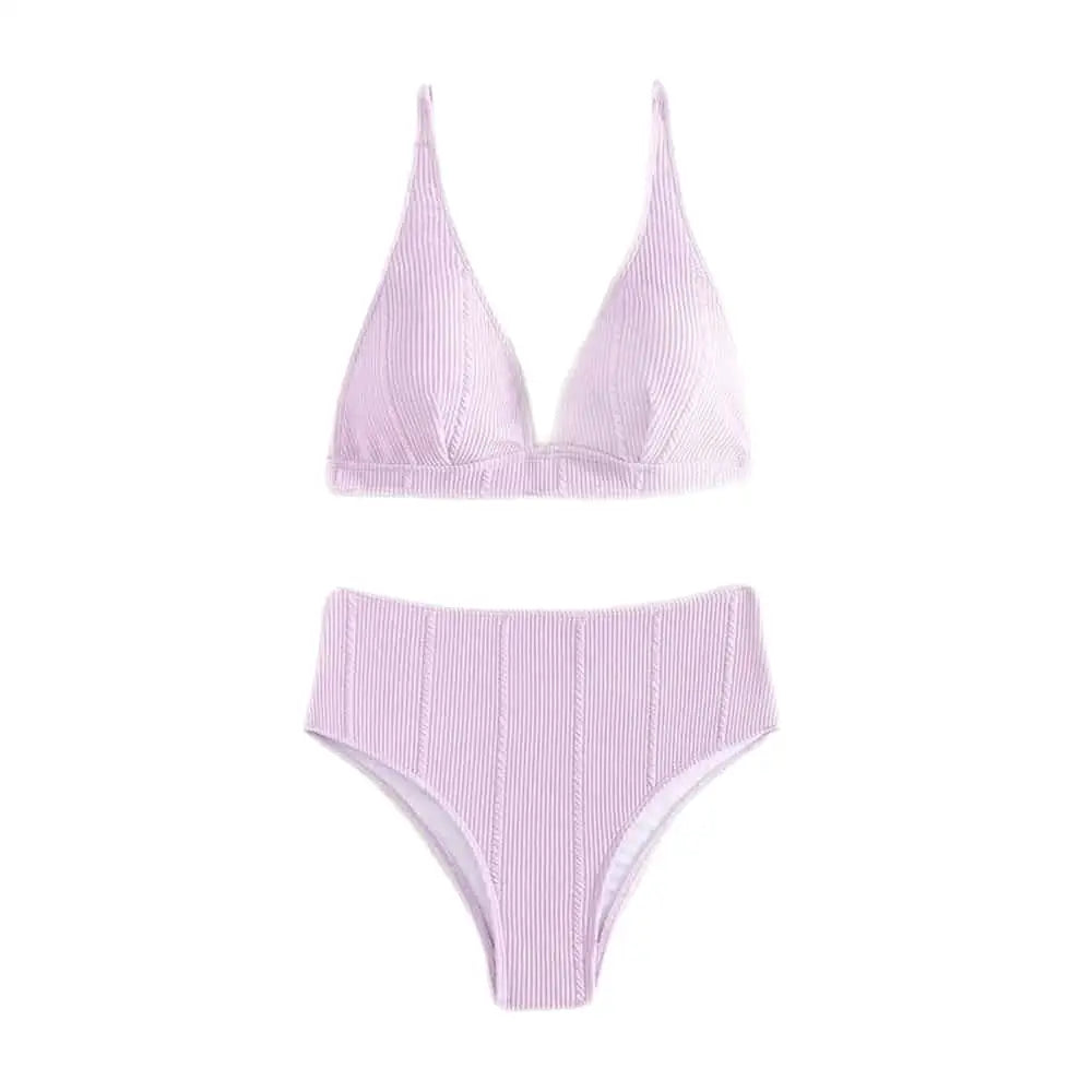 Padded Plain High Waist Swimsuit - Lilac Purple / S