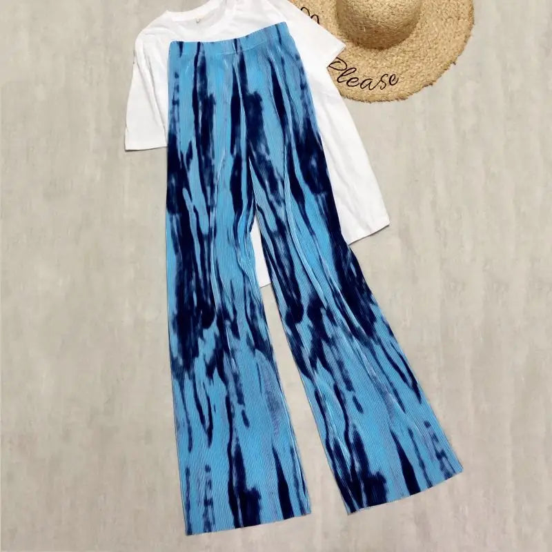 Paint Print Pleated Flare Pants - Blue / One Size