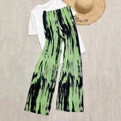 Paint Print Pleated Flare Pants - Green / One Size