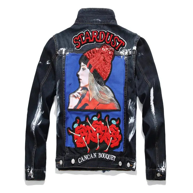 Painted Denim Jacket with Badge Patches