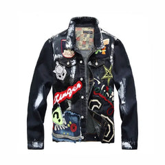 Painted Denim Jacket with Badge Patches Blue Black / M