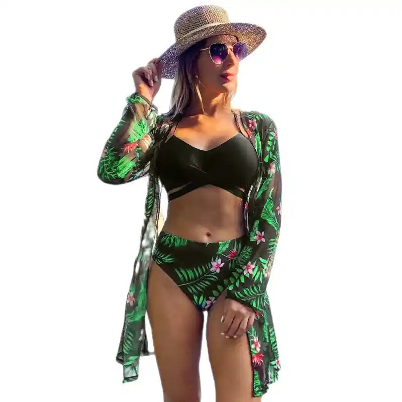 Palm Leaves Beach Cover Up Bikini Set for Women Black Green