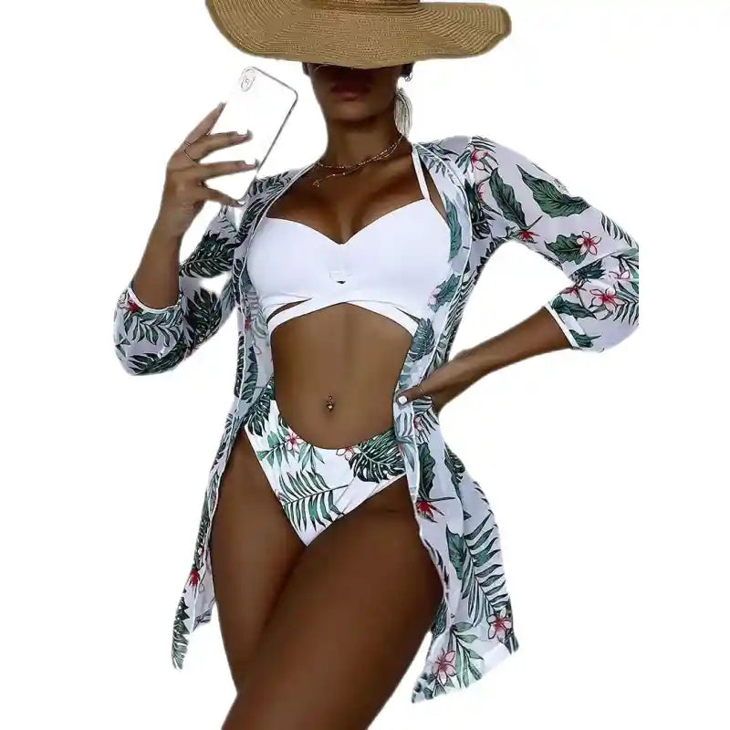 Palm Leaves Beach Cover Up Bikini Set for Women White Green