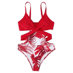 Palm Tree One-Piece Cross Strap Trikini - Red / S - Swimsuit