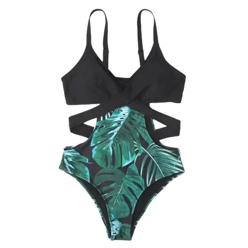 Palm Tree One-Piece Cross Strap Trikini - Swimsuit