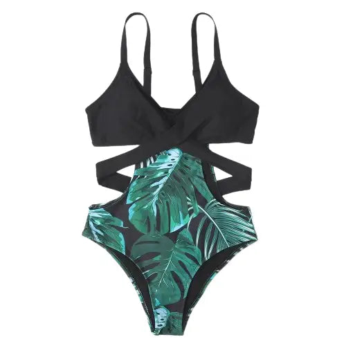 Palm Tree One-Piece Cross Strap Trikini