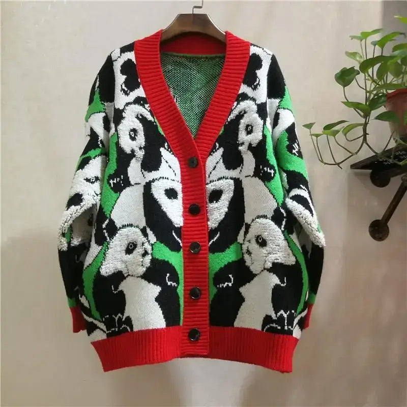 Panda Long Sleeve V Neck Knit Cardigan